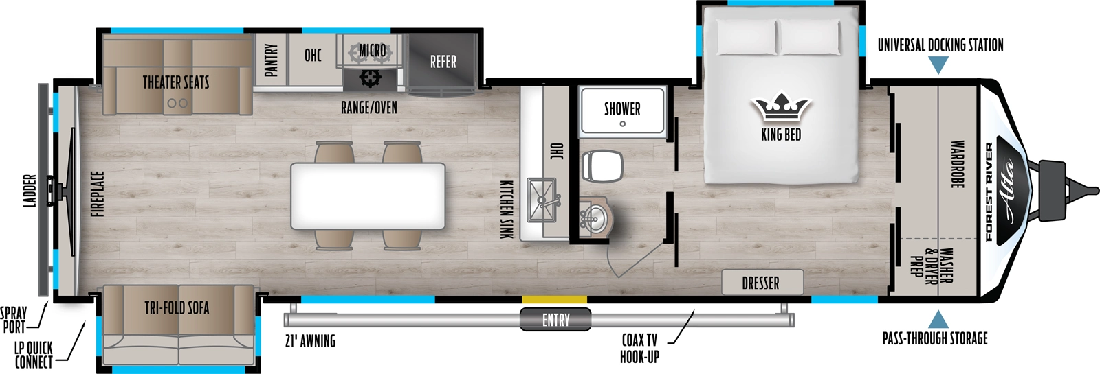 The Alta 3250KXT floorplan has one entry and three slide outs. Exterior features include: fiberglass exterior and 21' awning. Interiors features include: kitchen island and front bedroom.